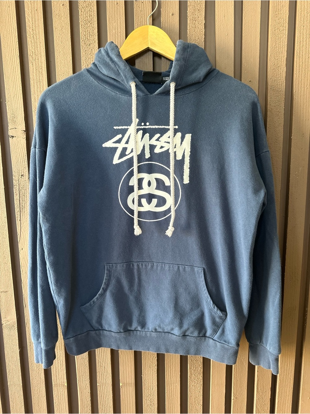 Stussy Women’s Faded Blue Pullover Hoodie with White Logo Size S